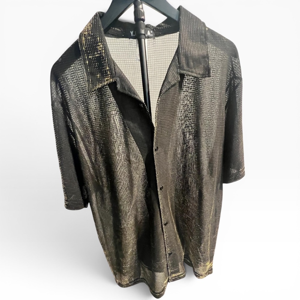 YMLA Men's Black Gold Metallic Sheer Mesh Disco Shirt Short Sleeve Button Down L
